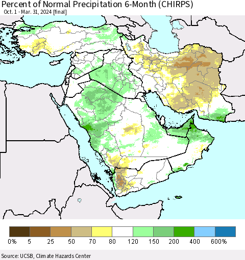 Middle East and Turkey Percent of Normal Precipitation 6-Month (CHIRPS) Thematic Map For 10/1/2023 - 3/31/2024