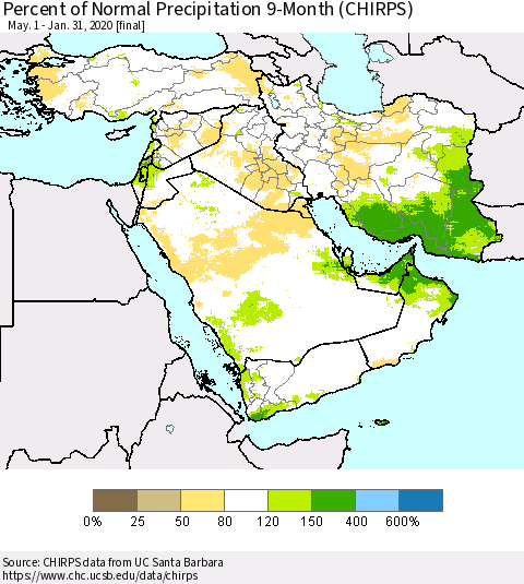 Middle East and Turkey Percent of Normal Precipitation 9-Month (CHIRPS) Thematic Map For 5/1/2019 - 1/31/2020