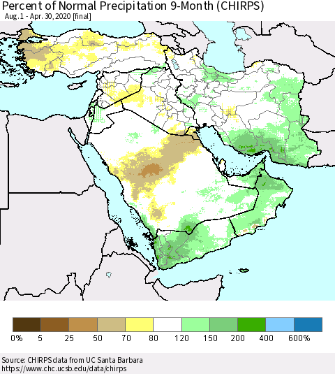 Middle East and Turkey Percent of Normal Precipitation 9-Month (CHIRPS) Thematic Map For 8/1/2019 - 4/30/2020