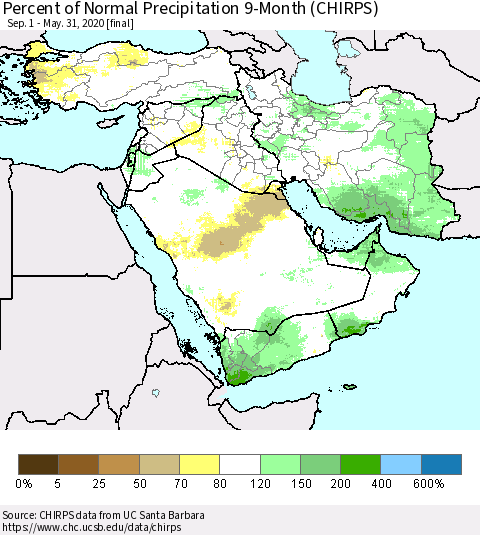 Middle East and Turkey Percent of Normal Precipitation 9-Month (CHIRPS) Thematic Map For 9/1/2019 - 5/31/2020