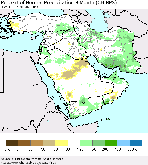 Middle East and Turkey Percent of Normal Precipitation 9-Month (CHIRPS) Thematic Map For 10/1/2019 - 6/30/2020
