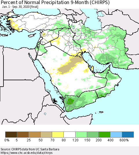 Middle East and Turkey Percent of Normal Precipitation 9-Month (CHIRPS) Thematic Map For 1/1/2020 - 9/30/2020