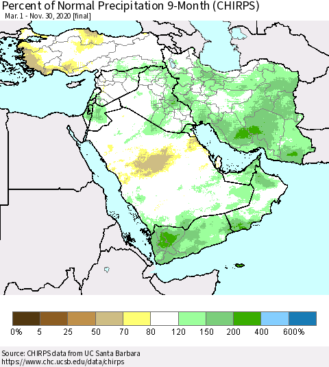 Middle East and Turkey Percent of Normal Precipitation 9-Month (CHIRPS) Thematic Map For 3/1/2020 - 11/30/2020