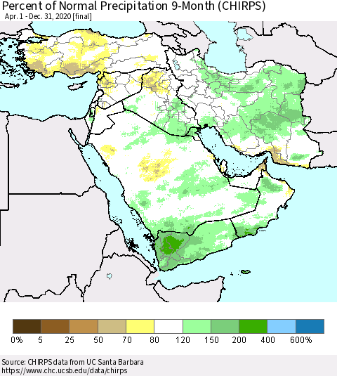 Middle East and Turkey Percent of Normal Precipitation 9-Month (CHIRPS) Thematic Map For 4/1/2020 - 12/31/2020