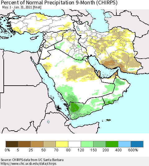 Middle East and Turkey Percent of Normal Precipitation 9-Month (CHIRPS) Thematic Map For 5/1/2020 - 1/31/2021