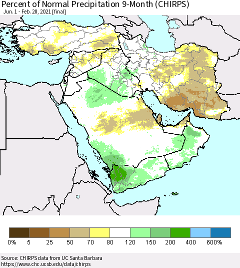 Middle East and Turkey Percent of Normal Precipitation 9-Month (CHIRPS) Thematic Map For 6/1/2020 - 2/28/2021