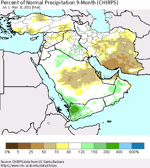 Middle East and Turkey Percent of Normal Precipitation 9-Month (CHIRPS) Thematic Map For 7/1/2020 - 3/31/2021