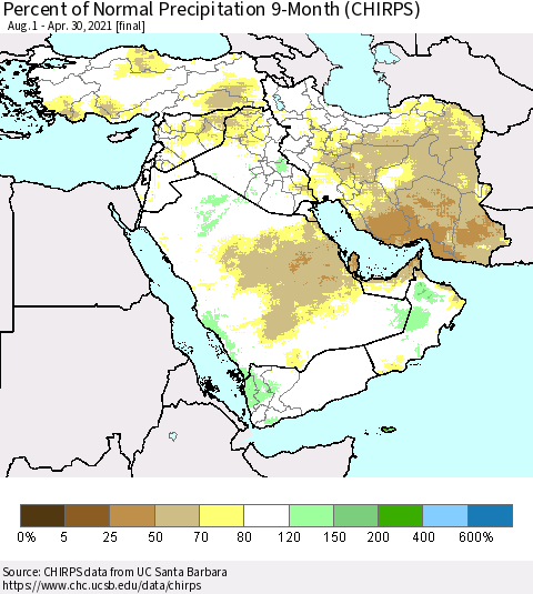 Middle East and Turkey Percent of Normal Precipitation 9-Month (CHIRPS) Thematic Map For 8/1/2020 - 4/30/2021