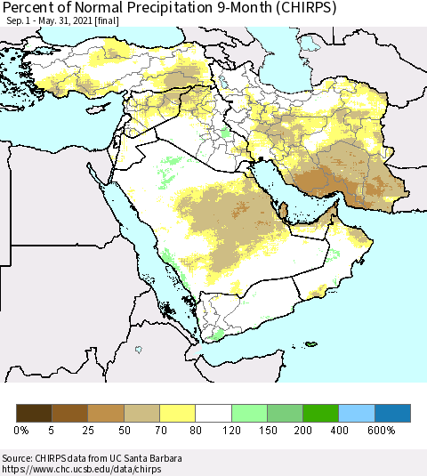 Middle East and Turkey Percent of Normal Precipitation 9-Month (CHIRPS) Thematic Map For 9/1/2020 - 5/31/2021
