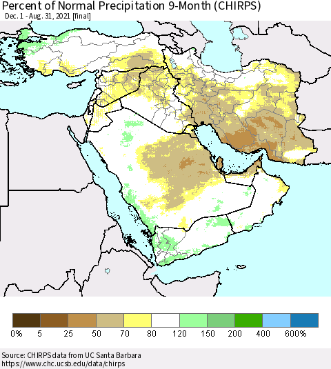 Middle East and Turkey Percent of Normal Precipitation 9-Month (CHIRPS) Thematic Map For 12/1/2020 - 8/31/2021