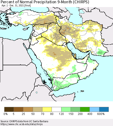 Middle East and Turkey Percent of Normal Precipitation 9-Month (CHIRPS) Thematic Map For 4/1/2021 - 12/31/2021