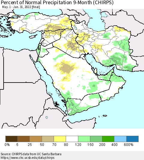 Middle East and Turkey Percent of Normal Precipitation 9-Month (CHIRPS) Thematic Map For 5/1/2021 - 1/31/2022