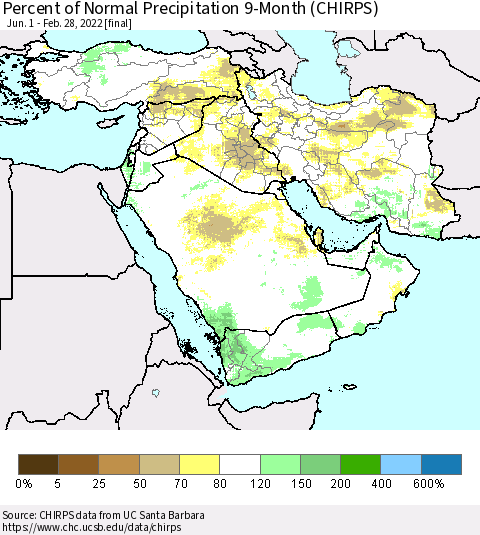 Middle East and Turkey Percent of Normal Precipitation 9-Month (CHIRPS) Thematic Map For 6/1/2021 - 2/28/2022