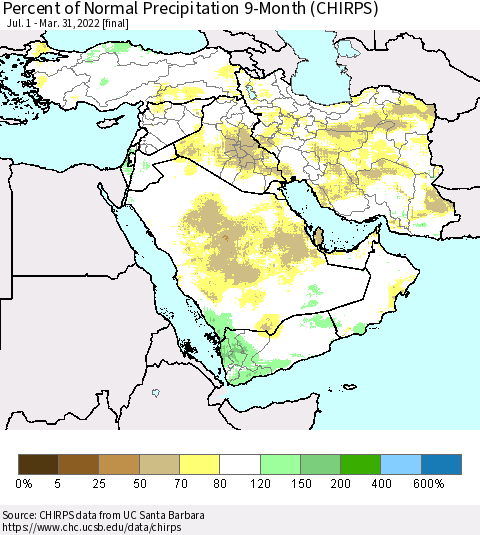 Middle East and Turkey Percent of Normal Precipitation 9-Month (CHIRPS) Thematic Map For 7/1/2021 - 3/31/2022