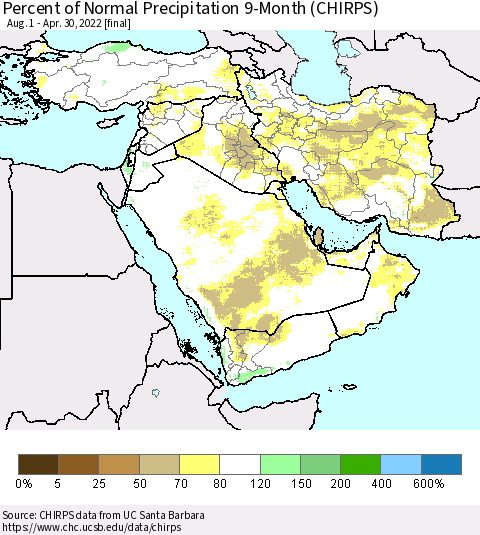 Middle East and Turkey Percent of Normal Precipitation 9-Month (CHIRPS) Thematic Map For 8/1/2021 - 4/30/2022
