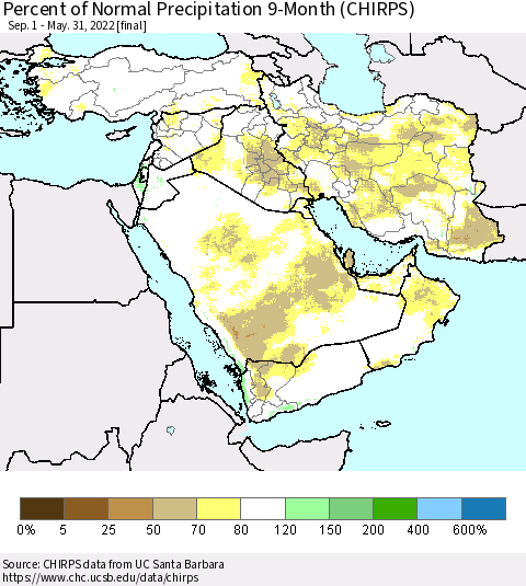 Middle East and Turkey Percent of Normal Precipitation 9-Month (CHIRPS) Thematic Map For 9/1/2021 - 5/31/2022