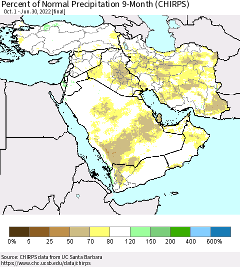 Middle East and Turkey Percent of Normal Precipitation 9-Month (CHIRPS) Thematic Map For 10/1/2021 - 6/30/2022