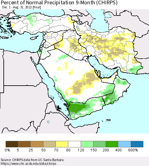 Middle East and Turkey Percent of Normal Precipitation 9-Month (CHIRPS) Thematic Map For 12/1/2021 - 8/31/2022