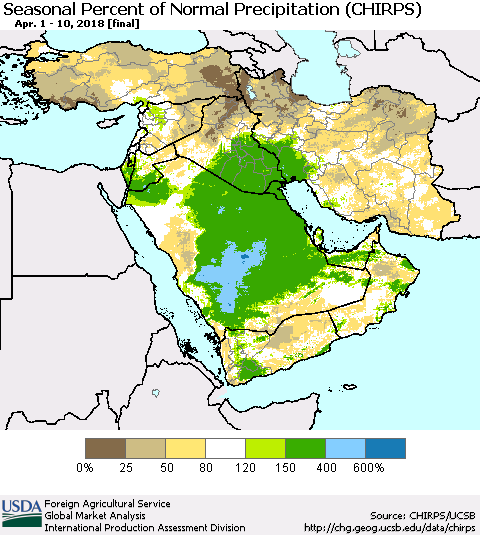 Middle East and Turkey Seasonal Percent of Normal Precipitation (CHIRPS) Thematic Map For 4/1/2018 - 4/10/2018