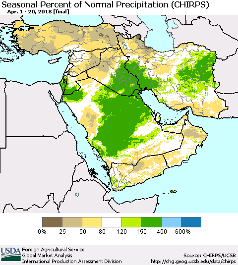 Middle East and Turkey Seasonal Percent of Normal Precipitation (CHIRPS) Thematic Map For 4/1/2018 - 4/20/2018