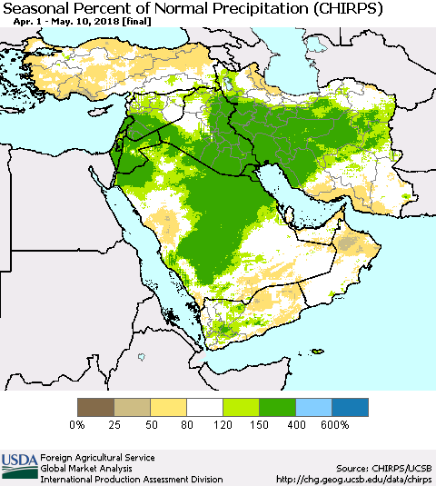 Middle East and Turkey Seasonal Percent of Normal Precipitation (CHIRPS) Thematic Map For 4/1/2018 - 5/10/2018