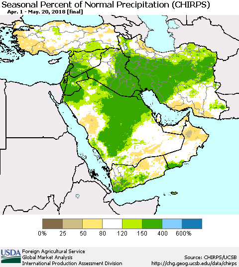 Middle East and Turkey Seasonal Percent of Normal Precipitation (CHIRPS) Thematic Map For 4/1/2018 - 5/20/2018