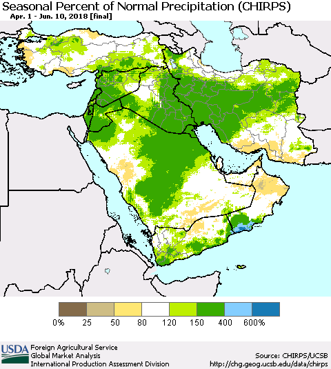 Middle East and Turkey Seasonal Percent of Normal Precipitation (CHIRPS) Thematic Map For 4/1/2018 - 6/10/2018