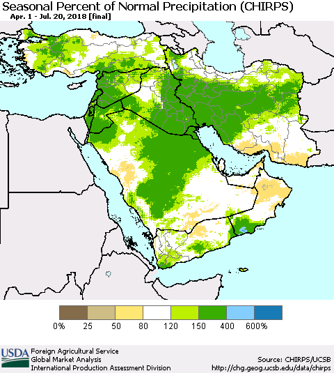 Middle East and Turkey Seasonal Percent of Normal Precipitation (CHIRPS) Thematic Map For 4/1/2018 - 7/20/2018