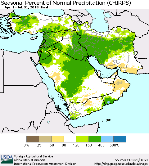 Middle East and Turkey Seasonal Percent of Normal Precipitation (CHIRPS) Thematic Map For 4/1/2018 - 7/31/2018