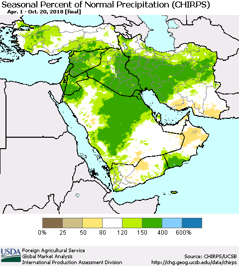 Middle East and Turkey Seasonal Percent of Normal Precipitation (CHIRPS) Thematic Map For 4/1/2018 - 10/20/2018