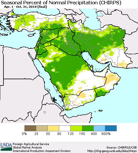Middle East and Turkey Seasonal Percent of Normal Precipitation (CHIRPS) Thematic Map For 4/1/2018 - 10/31/2018