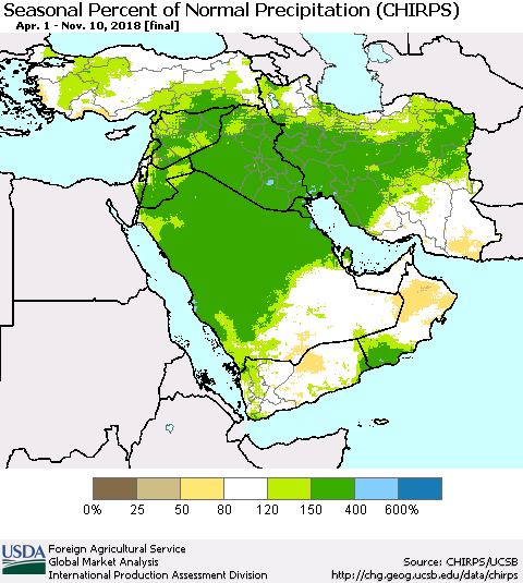 Middle East and Turkey Seasonal Percent of Normal Precipitation (CHIRPS) Thematic Map For 4/1/2018 - 11/10/2018