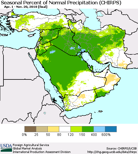 Middle East and Turkey Seasonal Percent of Normal Precipitation (CHIRPS) Thematic Map For 4/1/2018 - 11/20/2018