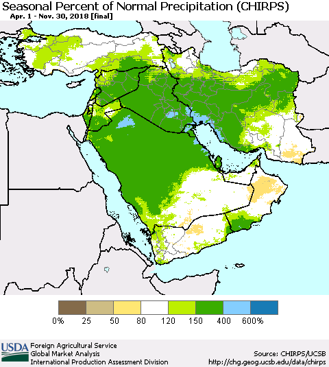 Middle East and Turkey Seasonal Percent of Normal Precipitation (CHIRPS) Thematic Map For 4/1/2018 - 11/30/2018