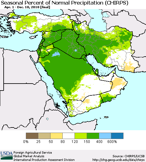Middle East and Turkey Seasonal Percent of Normal Precipitation (CHIRPS) Thematic Map For 4/1/2018 - 12/10/2018
