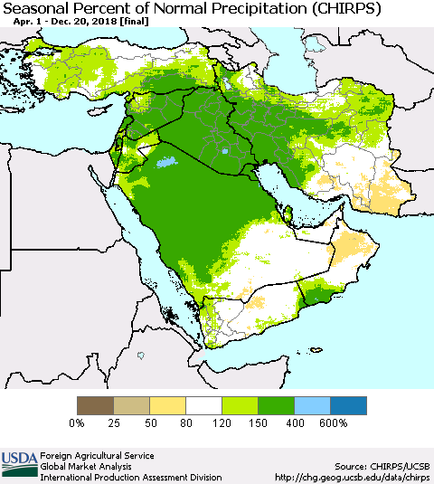 Middle East and Turkey Seasonal Percent of Normal Precipitation (CHIRPS) Thematic Map For 4/1/2018 - 12/20/2018