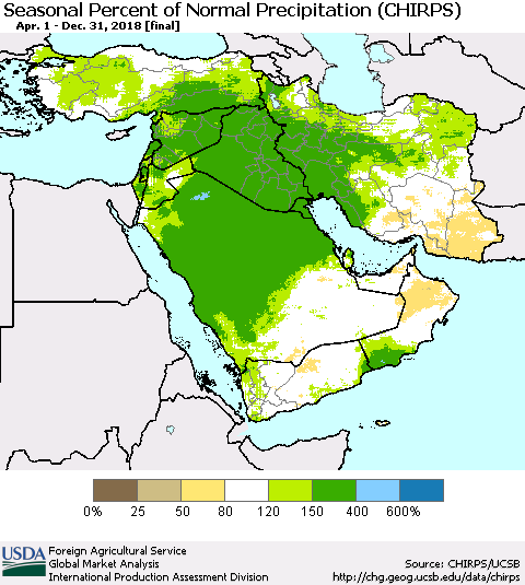 Middle East and Turkey Seasonal Percent of Normal Precipitation (CHIRPS) Thematic Map For 4/1/2018 - 12/31/2018