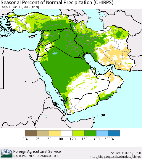 Middle East and Turkey Seasonal Percent of Normal Precipitation (CHIRPS) Thematic Map For 9/1/2018 - 1/10/2019