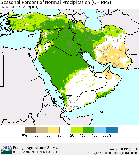 Middle East and Turkey Seasonal Percent of Normal Precipitation (CHIRPS) Thematic Map For 9/1/2018 - 1/31/2019