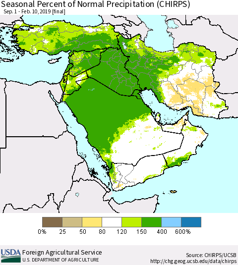 Middle East and Turkey Seasonal Percent of Normal Precipitation (CHIRPS) Thematic Map For 9/1/2018 - 2/10/2019