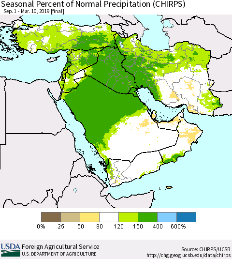 Middle East and Turkey Seasonal Percent of Normal Precipitation (CHIRPS) Thematic Map For 9/1/2018 - 3/10/2019