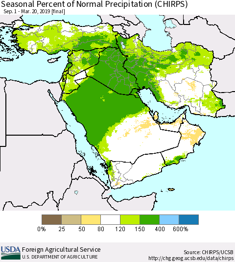 Middle East and Turkey Seasonal Percent of Normal Precipitation (CHIRPS) Thematic Map For 9/1/2018 - 3/20/2019