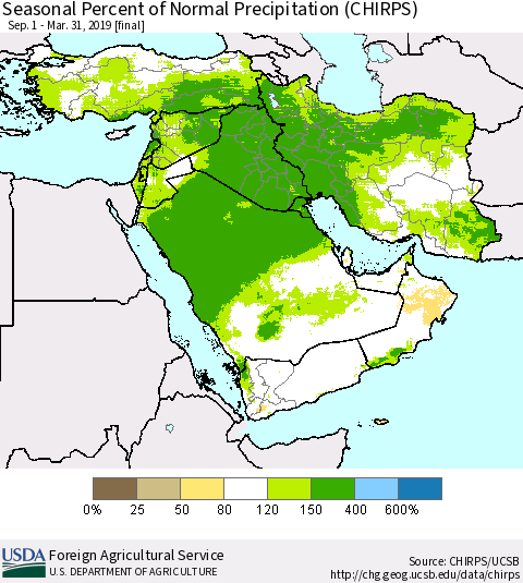 Middle East and Turkey Seasonal Percent of Normal Precipitation (CHIRPS) Thematic Map For 9/1/2018 - 3/31/2019