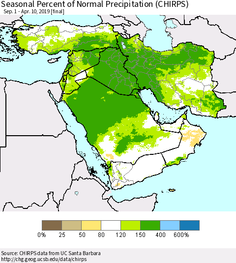 Middle East and Turkey Seasonal Percent of Normal Precipitation (CHIRPS) Thematic Map For 9/1/2018 - 4/10/2019