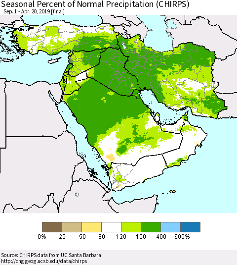 Middle East and Turkey Seasonal Percent of Normal Precipitation (CHIRPS) Thematic Map For 9/1/2018 - 4/20/2019