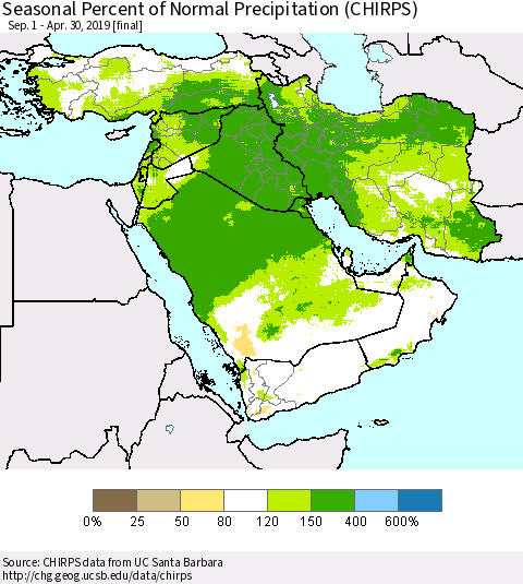 Middle East and Turkey Seasonal Percent of Normal Precipitation (CHIRPS) Thematic Map For 9/1/2018 - 4/30/2019