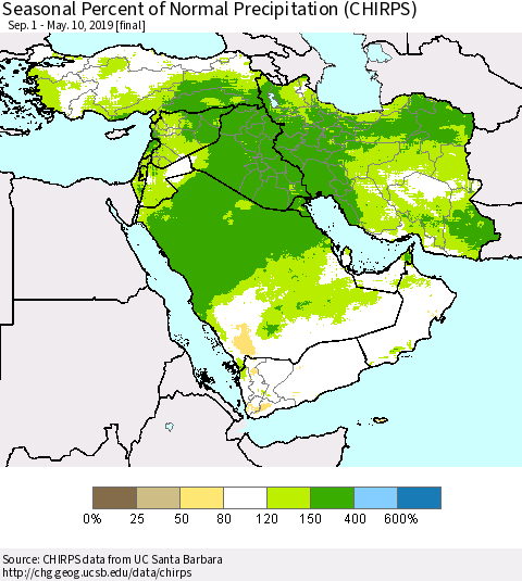 Middle East and Turkey Seasonal Percent of Normal Precipitation (CHIRPS) Thematic Map For 9/1/2018 - 5/10/2019