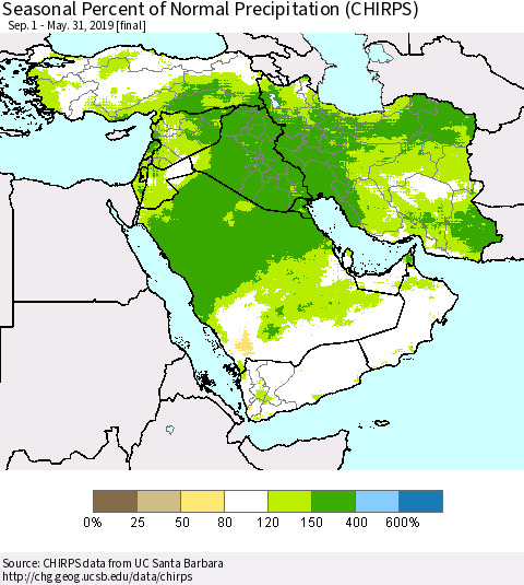 Middle East and Turkey Seasonal Percent of Normal Precipitation (CHIRPS) Thematic Map For 9/1/2018 - 5/31/2019