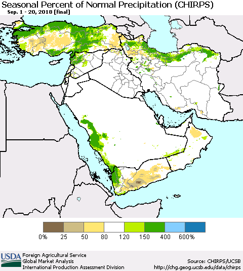 Middle East and Turkey Seasonal Percent of Normal Precipitation (CHIRPS) Thematic Map For 9/1/2018 - 9/20/2018