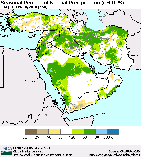 Middle East and Turkey Seasonal Percent of Normal Precipitation (CHIRPS) Thematic Map For 9/1/2018 - 10/10/2018